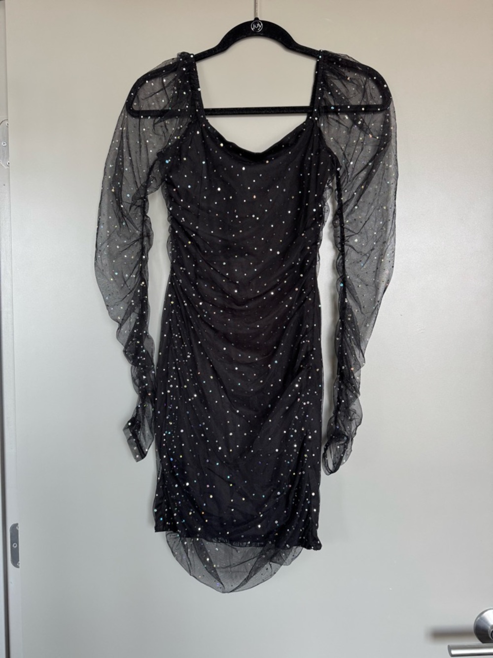 New Black Mesh Sparkle Long-Sleeve Ruched Dress